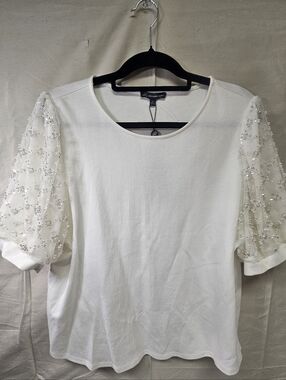 Adrianna Papell Women's Ivory Knit Top with Beaded Sheer Puff Sleeves Size XL